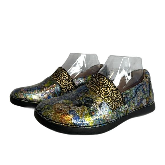 ALEGRIA  Floral Metallic Multi Colored Leather Clogs size 6.5 - Picture 1 of 10